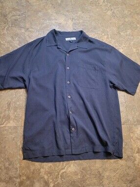Tommy Bahama Silk Camp Shirt Mens Large L Gray SS Grid Check Hawaiian Vacation